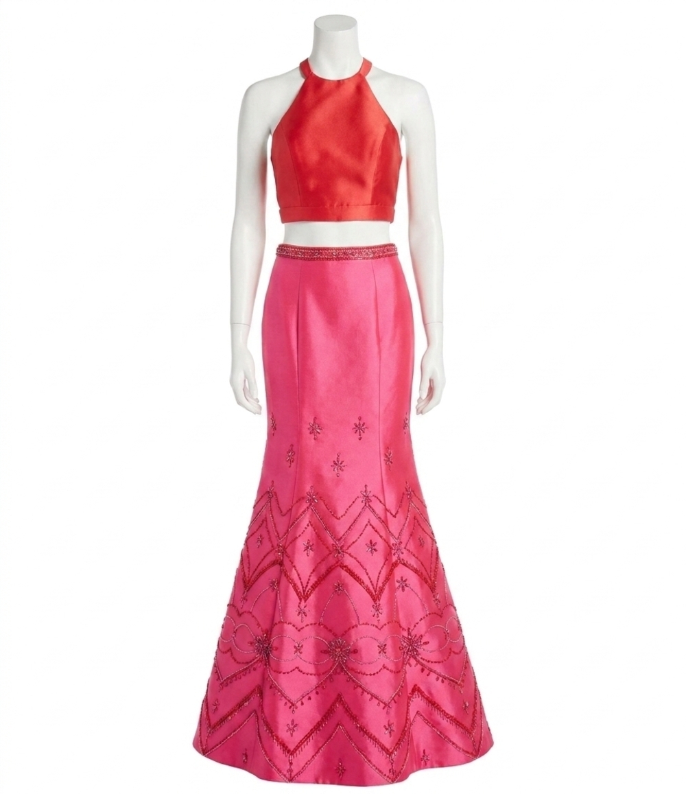 NEW RACHEL ALLAN two-piece mikado mermaid prom gown in red/fuchsia